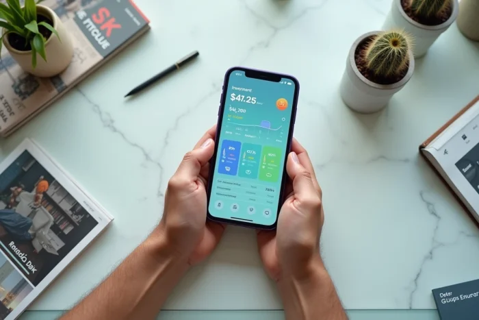 Mains tenant un smartphone affichant une application de portefeuille d'investissement sur un bureau en marbre blanc