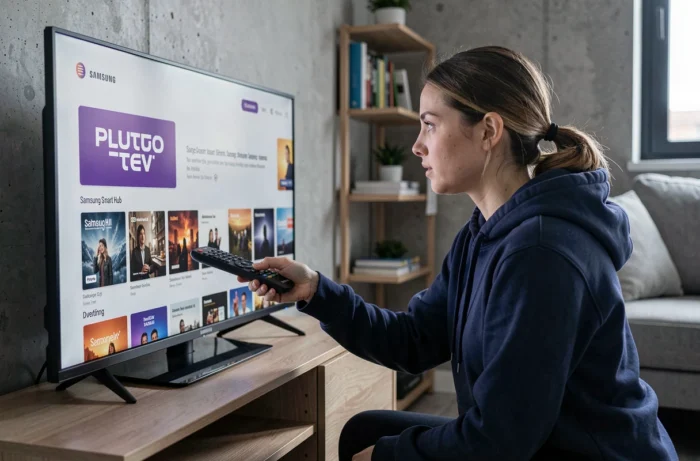 Femme téléchargeant l'application Pluto TV depuis le Samsung Smart Hub sur une télévision Samsung