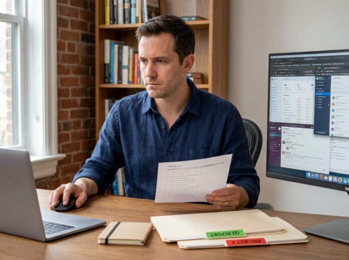 Homme en télétravail comparant un système de classement centralisé et plusieurs outils numériques désorganisés