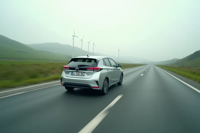 Voiture hybride roulant sur une autoroute européenne avec paysage de campagne en arrière-plan