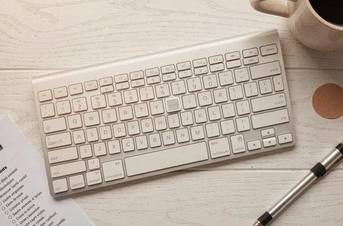 Vue en plongée d'un clavier AZERTY avec la touche Home mise en valeur sur un bureau en bois clair